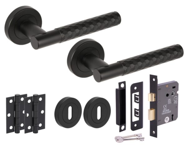 Roca Diamond Cut Knurled Door Handles on Rose 3 Lever Lock Pack, 76mm Lock, 75mm Ball Bearing Hinges - Black Matt