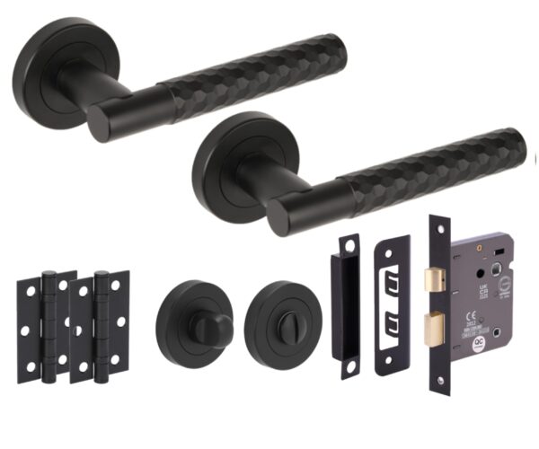 Roca Diamond Cut Knurled Door Handles on Rose Bathroom Lock Pack with Standard Turn Set, 76mm Lock, 75mm Ball Bearing Hinges - Black Matt