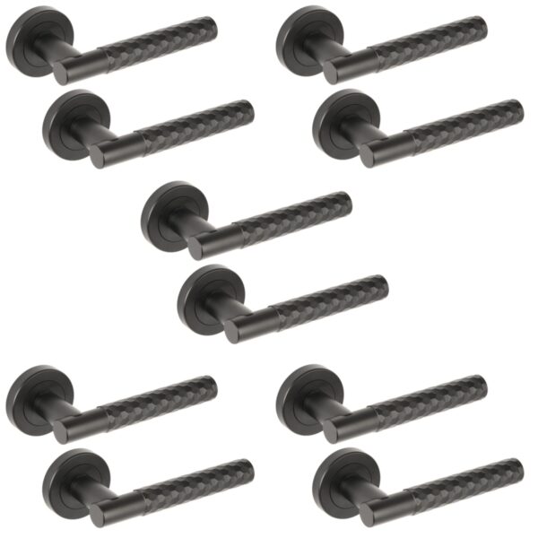 5 Sets Roca Diamond Cut Knurled Lever On Round Rose Door Handles, Internal Passage Latch Handles - Black Matt
