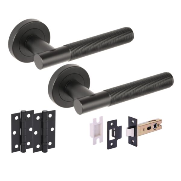 Halo Ring Knurled Internal Door Handle Pack, complete with Lever Handles, 76mm Latch, 75mm Ball Bearing Hinges - Black Matt
