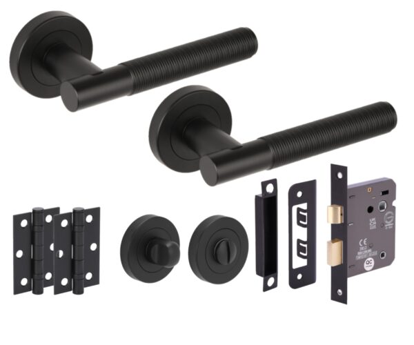 Halo Ring Knurled Door Handles on Rose Bathroom Lock Pack with Standard Turn Set, 76mm Lock, 75mm Ball Bearing Hinges - Black Matt