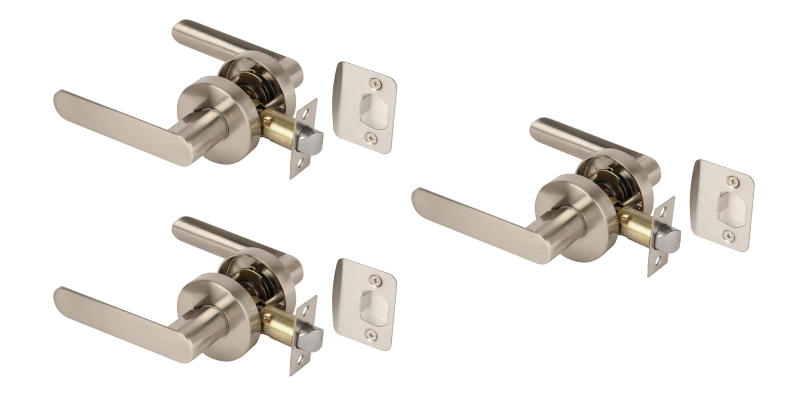 3 Sets Mantara Passage Leverset, Non-Locking Interior Door Lever Set, Adjustable 60-70mm Latch – Satin Nickel
