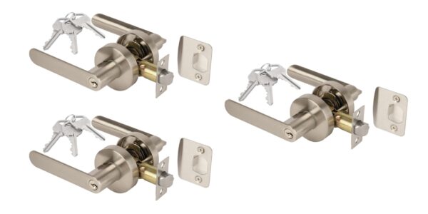 3 Sets Mantara Entrance Leverset, Key Lock Door Lever Set, Adjustable 60-70mm Latch – Satin Nickel