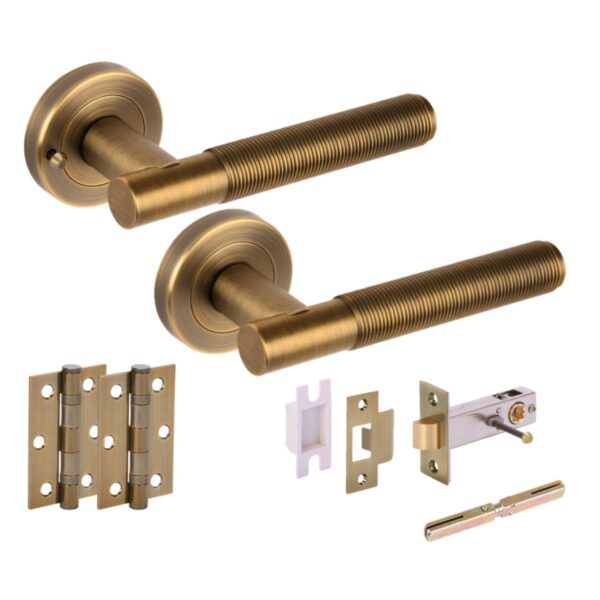 Halo Ring Knurled Privacy Door Handle Pack, complete with Lever Handles, 76mm Latch, 75mm Ball Bearing Hinges - Matt Bronze