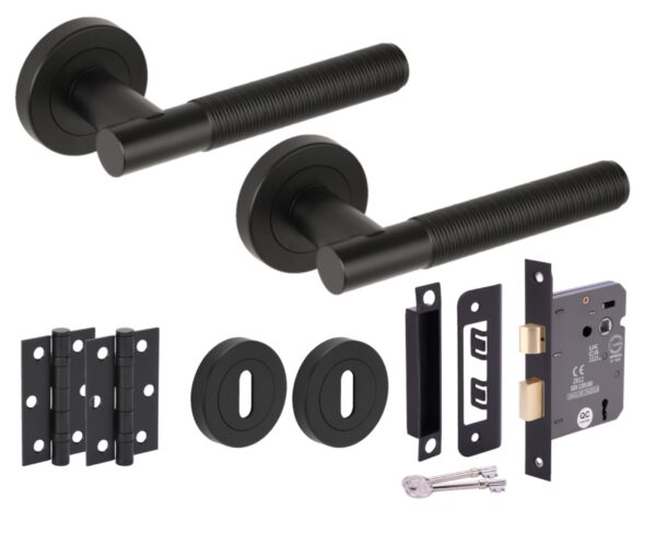 Halo Ring Knurled Door Handles on Rose 3 Lever Lock Pack, 76mm Lock, 75mm Ball Bearing Hinges - Black Matt