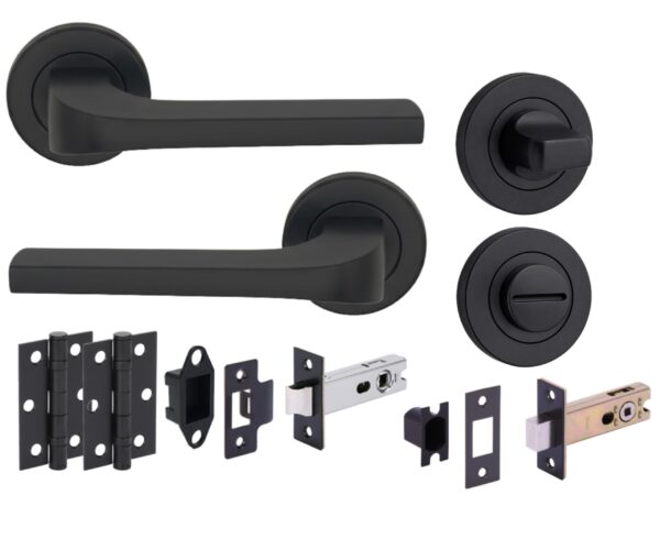 Vento Door Handles on Rose Bathroom Deadbolt Pack (76mm) – Black Matt