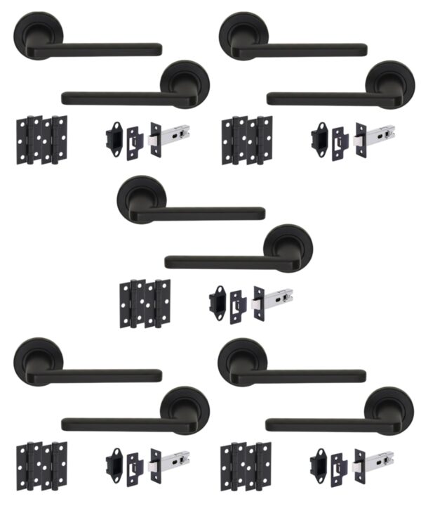 5 Sets Elio Internal Door Handles on Rose Lever Latch Door Pack (76mm) – Black Matt