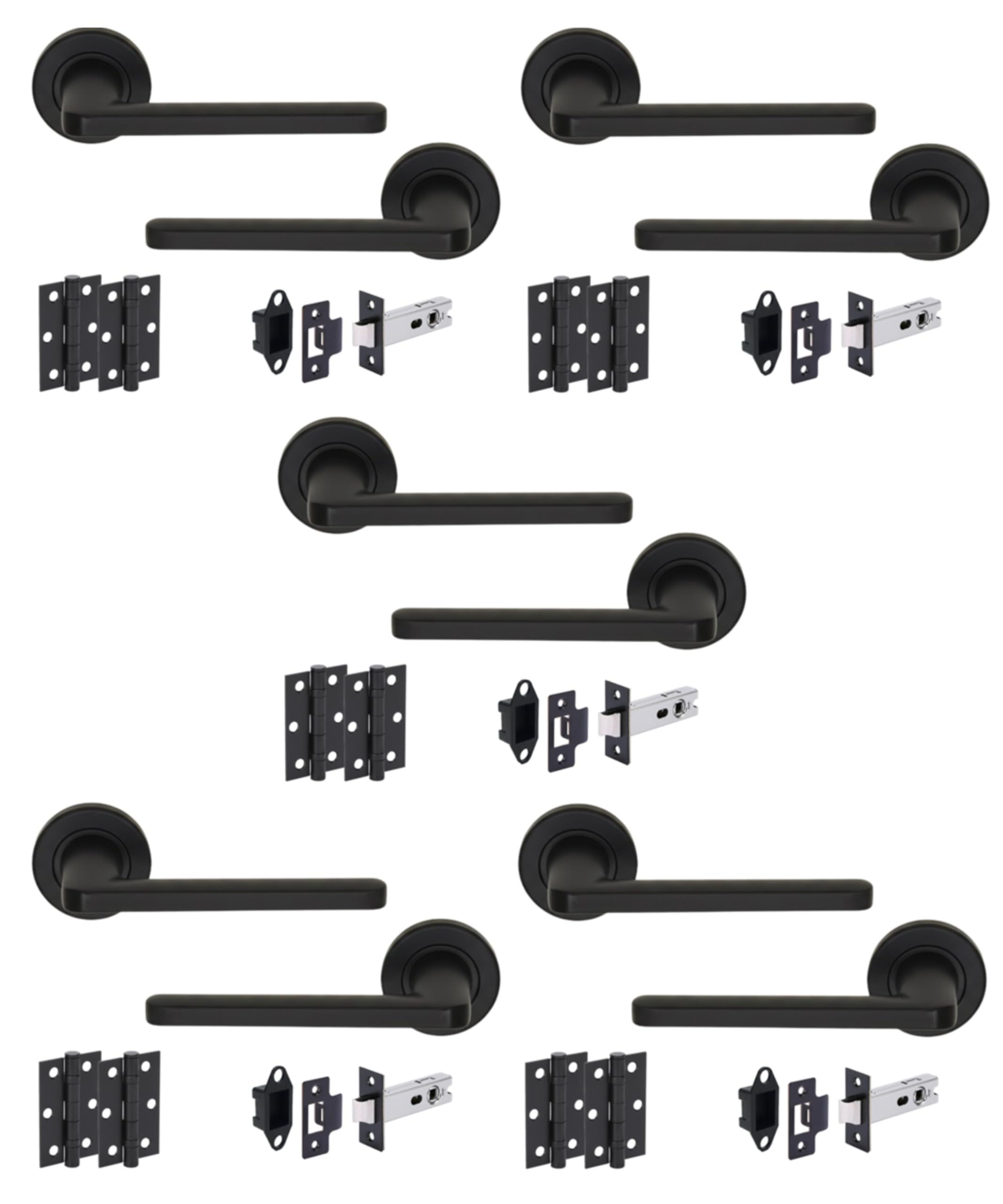 5 Sets Elio Internal Door Handles on Rose Lever Latch Door Pack (76mm) – Black Matt