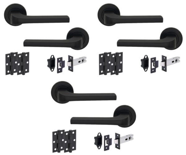 3 Sets Vento Internal Door Handles on Rose Lever Latch Door Pack (76mm) – Black Matt