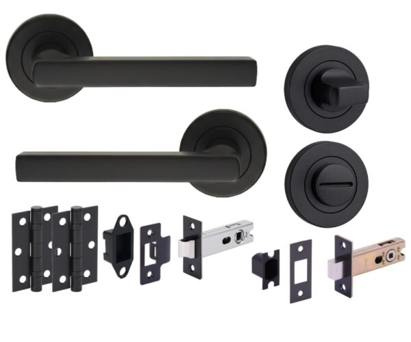 Torro Door Handles on Rose Bathroom Deadbolt Pack (76mm) – Black Matt