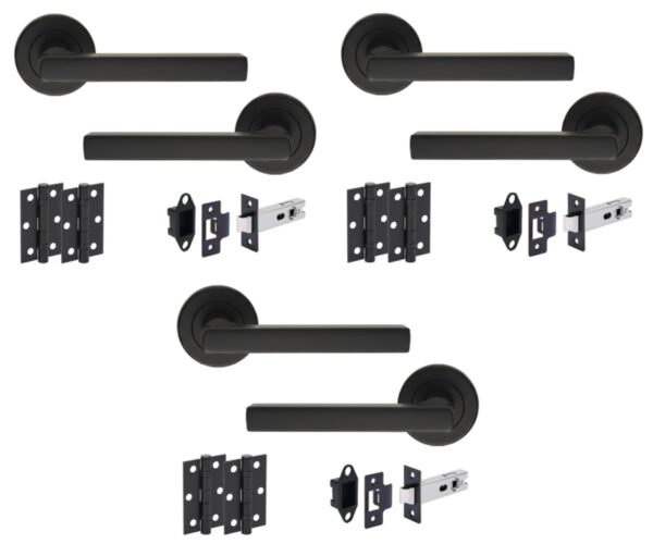 3 Sets Torro Internal Door Handles on Rose Lever Latch Door Pack (76mm) – Black Matt