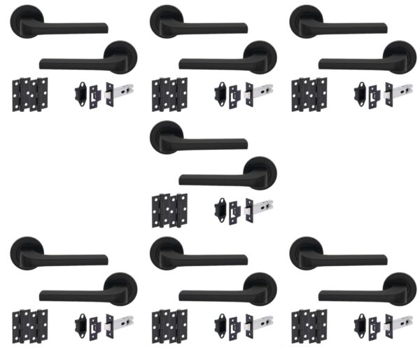 7 Sets Vento Internal Door Handles on Rose Lever Latch Door Pack (76mm) – Black Matt