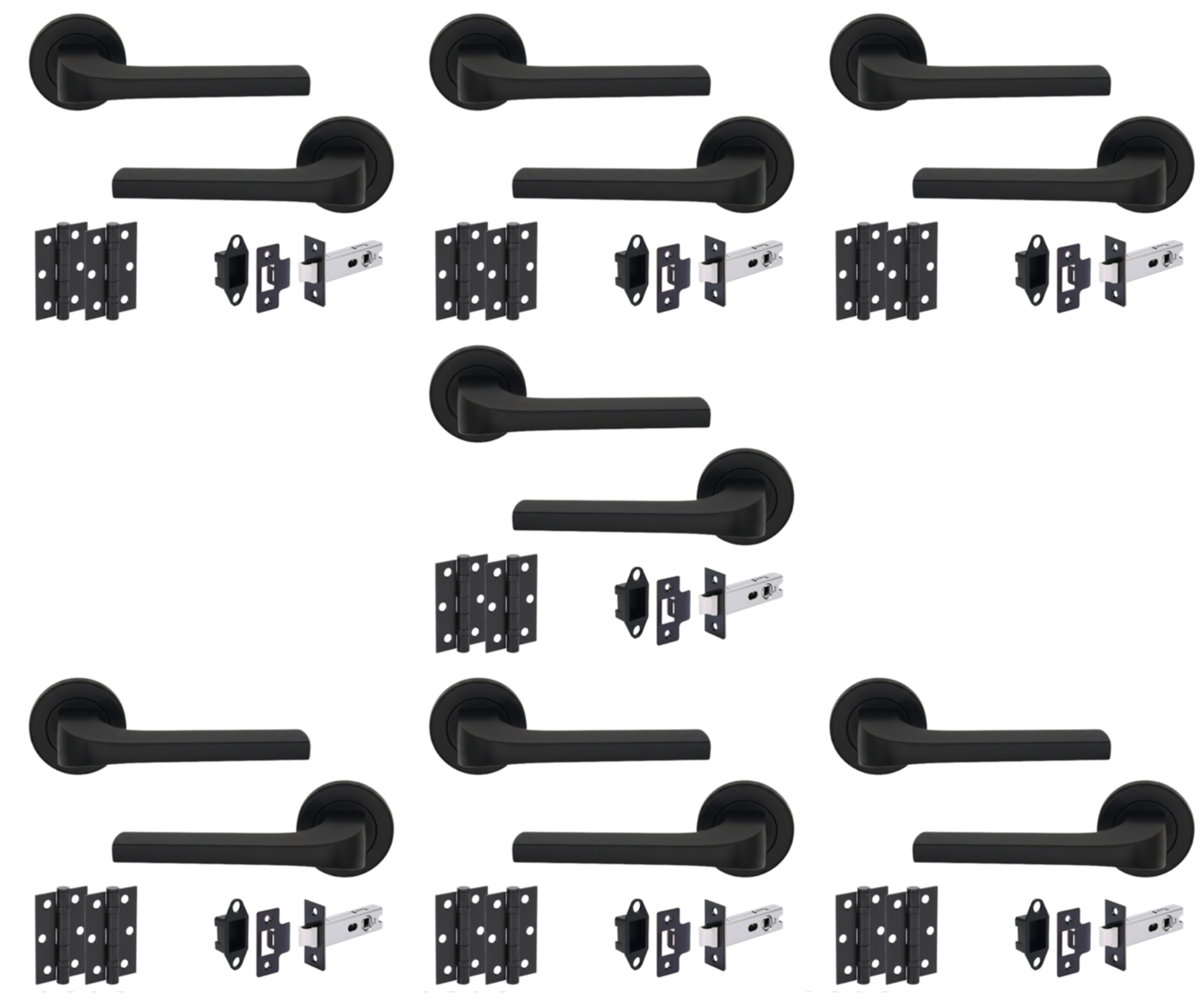 7 Sets Vento Internal Door Handles on Rose Lever Latch Door Pack (76mm) – Black Matt