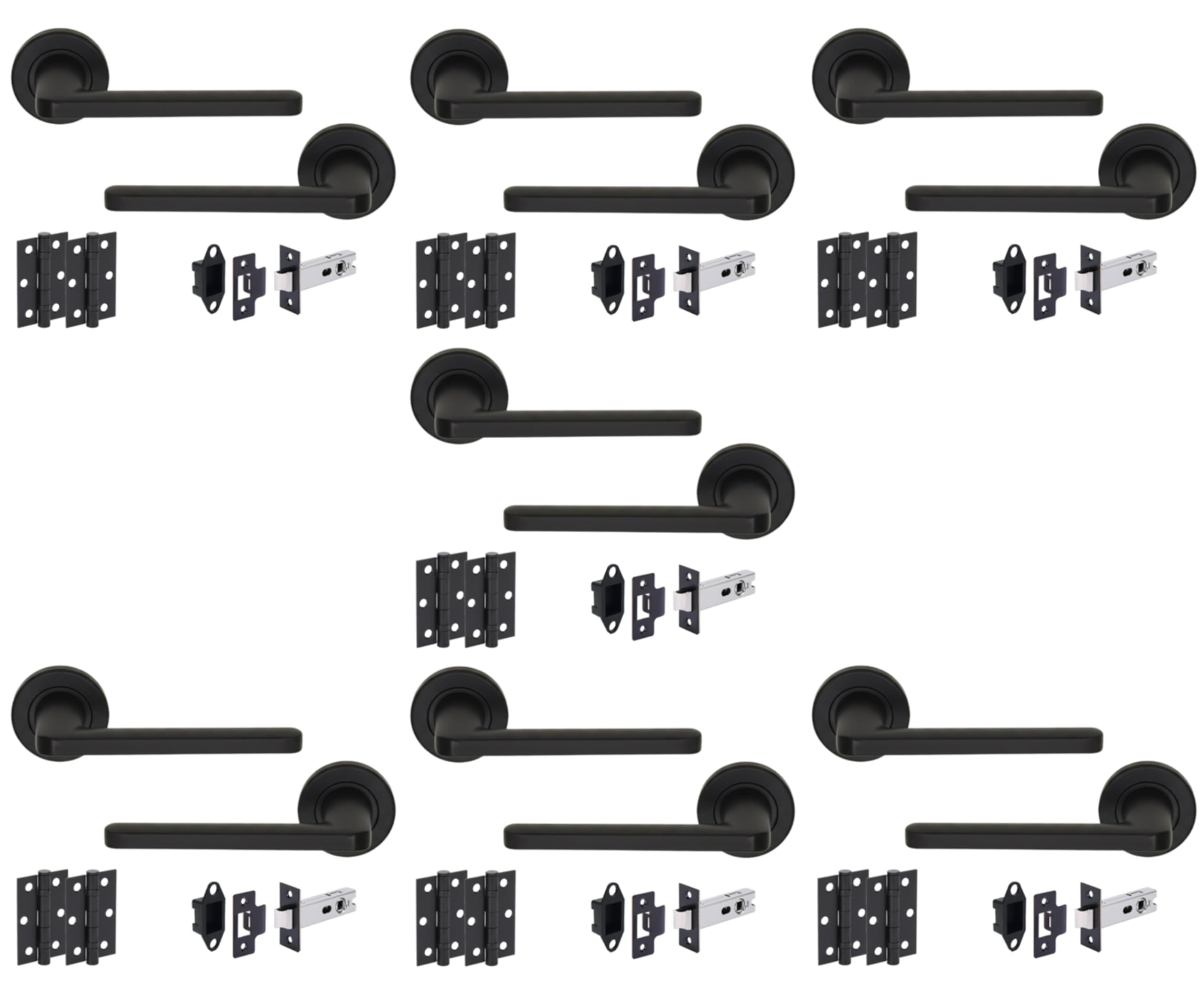 7 Sets Elio Internal Door Handles on Rose Lever Latch Door Pack (76mm) – Black Matt